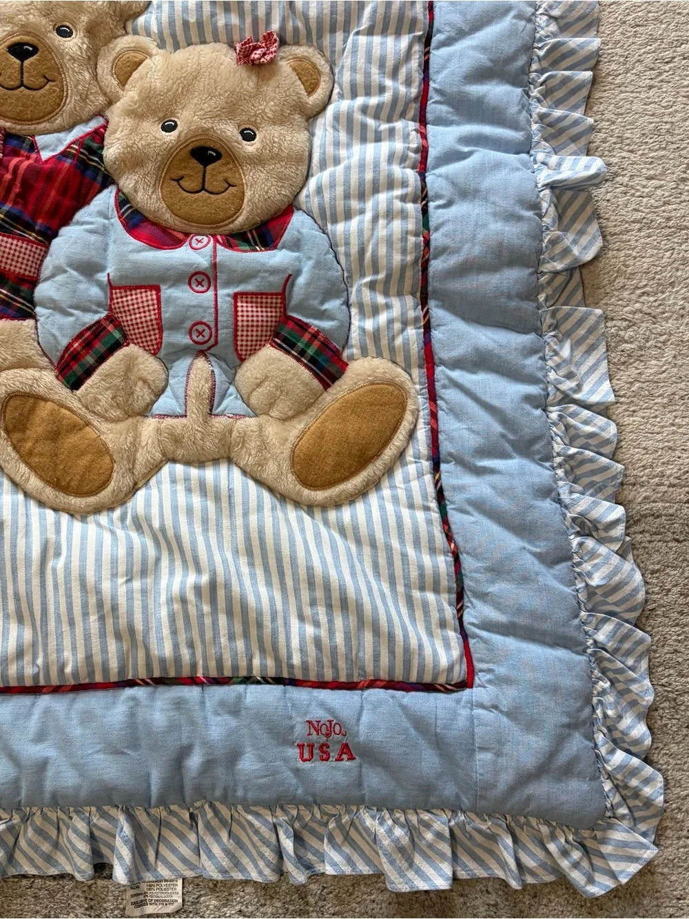 Vintage NoJo USA Teddy Bear Baby Blanket Quilt Playmat Ruffle Blue Striped 90s